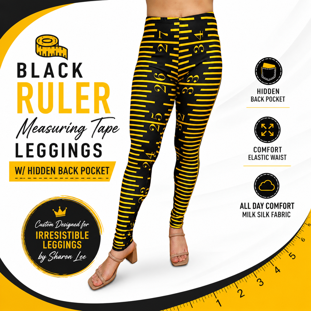 Black Ruler Measuring Tape Leggings w/ hidden back pocket