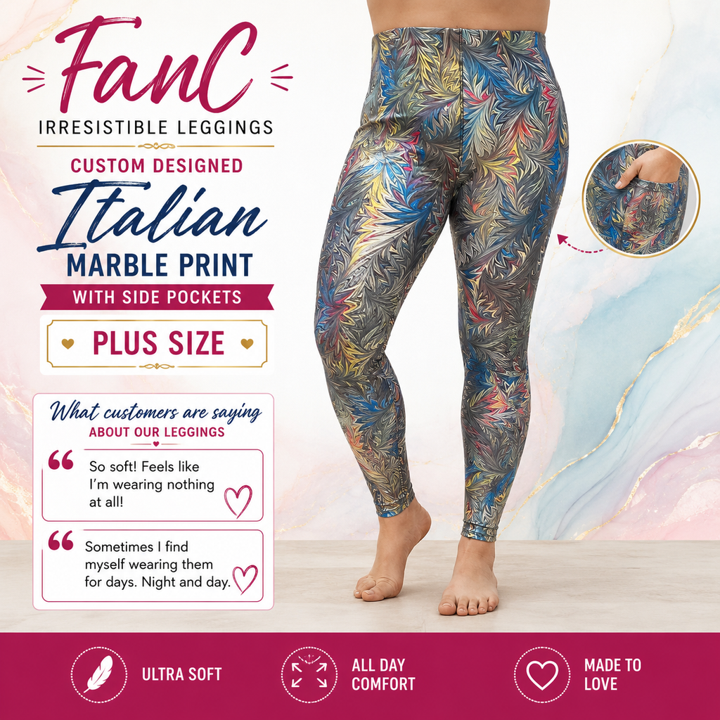 FanC - Irresistible Leggings Custom Designed Italian Marble Print with Side Pockets