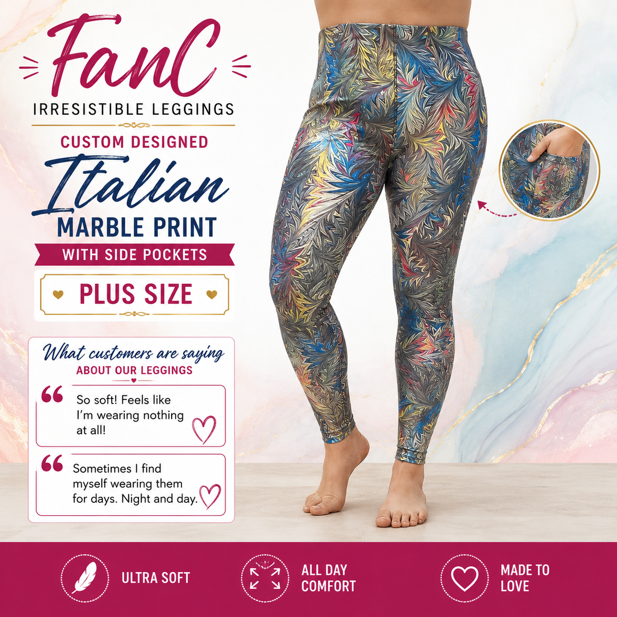 FanC - Irresistible Leggings Custom Designed Italian Marble Print with Side Pockets