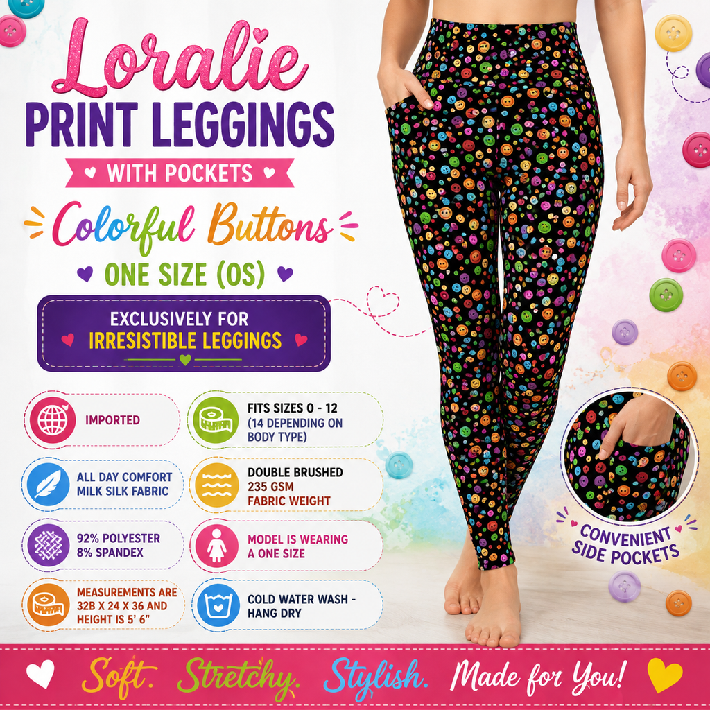 Loralie Print Leggings with Pockets - Colorful Buttons