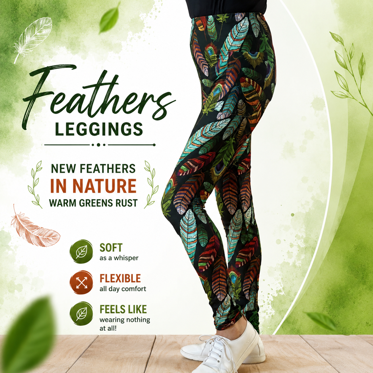 Colorful Feather Print Leggings – One Size, Plus Size