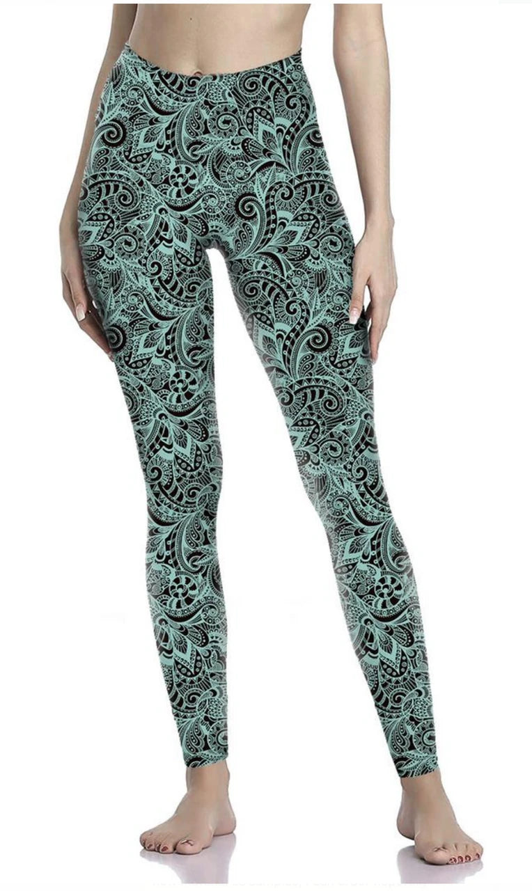 New! Exclusively Irresistible Tiffany Blue Paisley Leaf Leggings