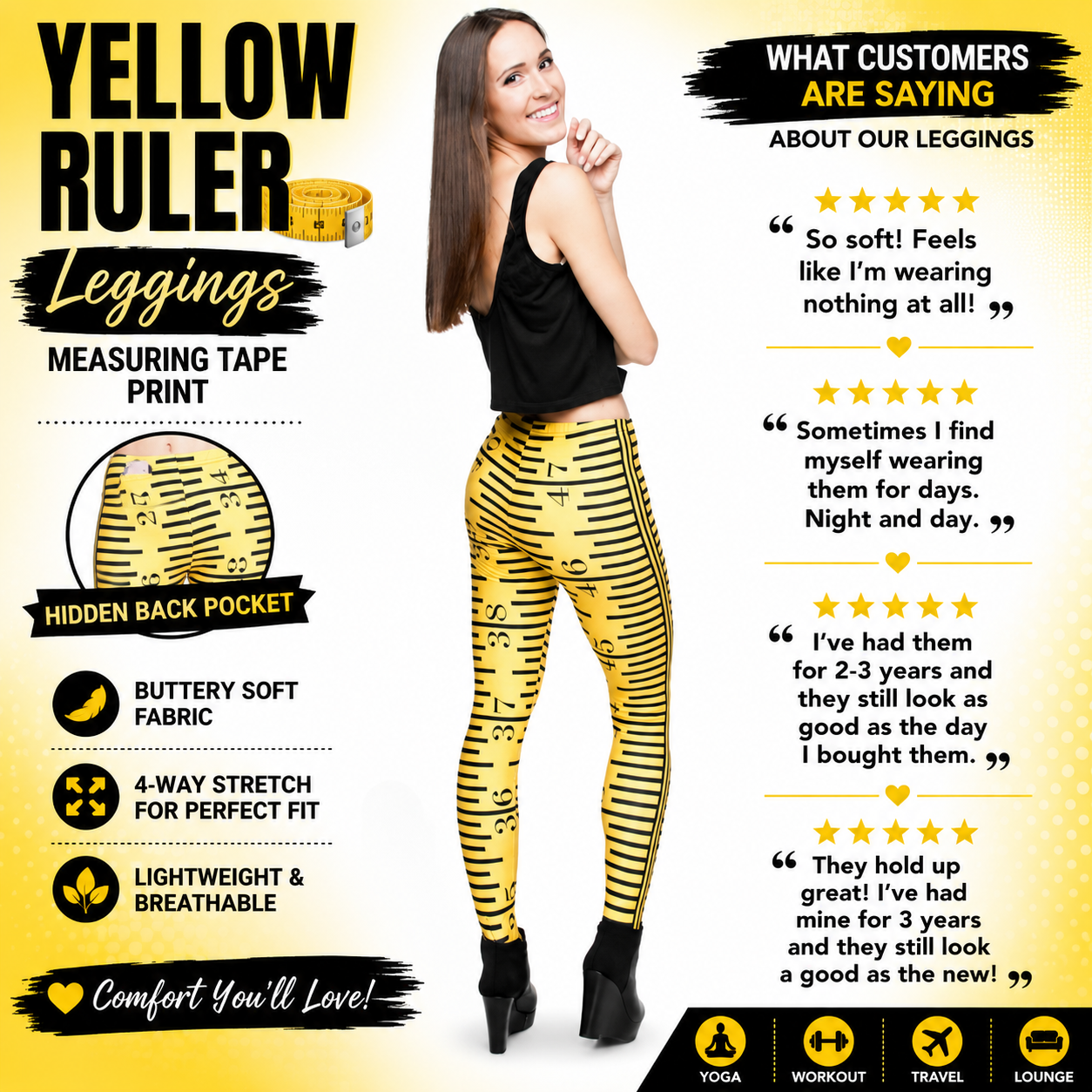 Yellow Ruler or Measuring Tape Leggings with hidden back pocket
