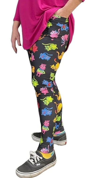Loralie Print Leggings with Pockets - Colorful Kitty Cats